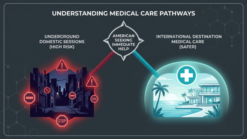 ibogaine therapy usa infographics
                                   /---> Path A: Underground Domestic Sessions (High Risk)
[American Seeking Immediate Help]
                                  \---> Path B: International Destination Medical Care (Safer)
