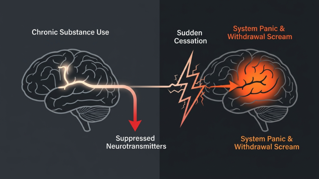 A clean, professional medical infographic showing a brain slipping into crisis. -- how does ibogaine help with addiction