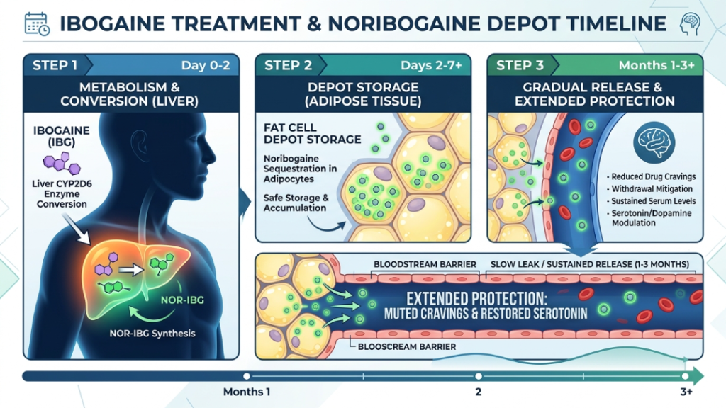 how does ibogaine help with addiction A timeline graphic showing how the liver processes the compound for long-term protection.